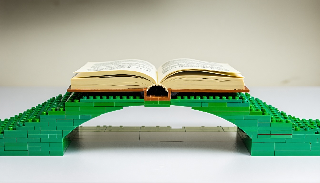 A bridge made out of LEGOs holding a book