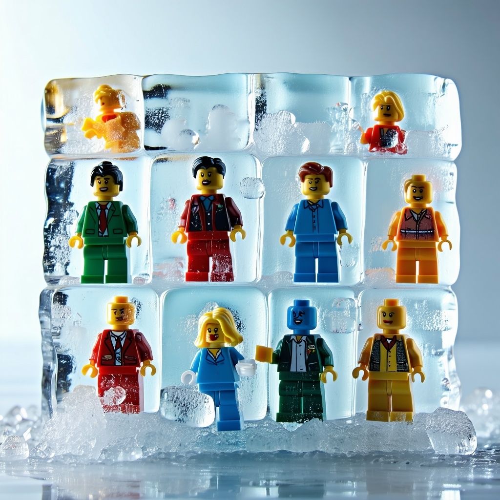 A collection of colorful LEGO figures each frozen in a translucent block of ice captures a whimsical yet surreal scene The ice glimmers under the light revealing the intricate details of the miniaturessome frozen in midaction poses while others appea