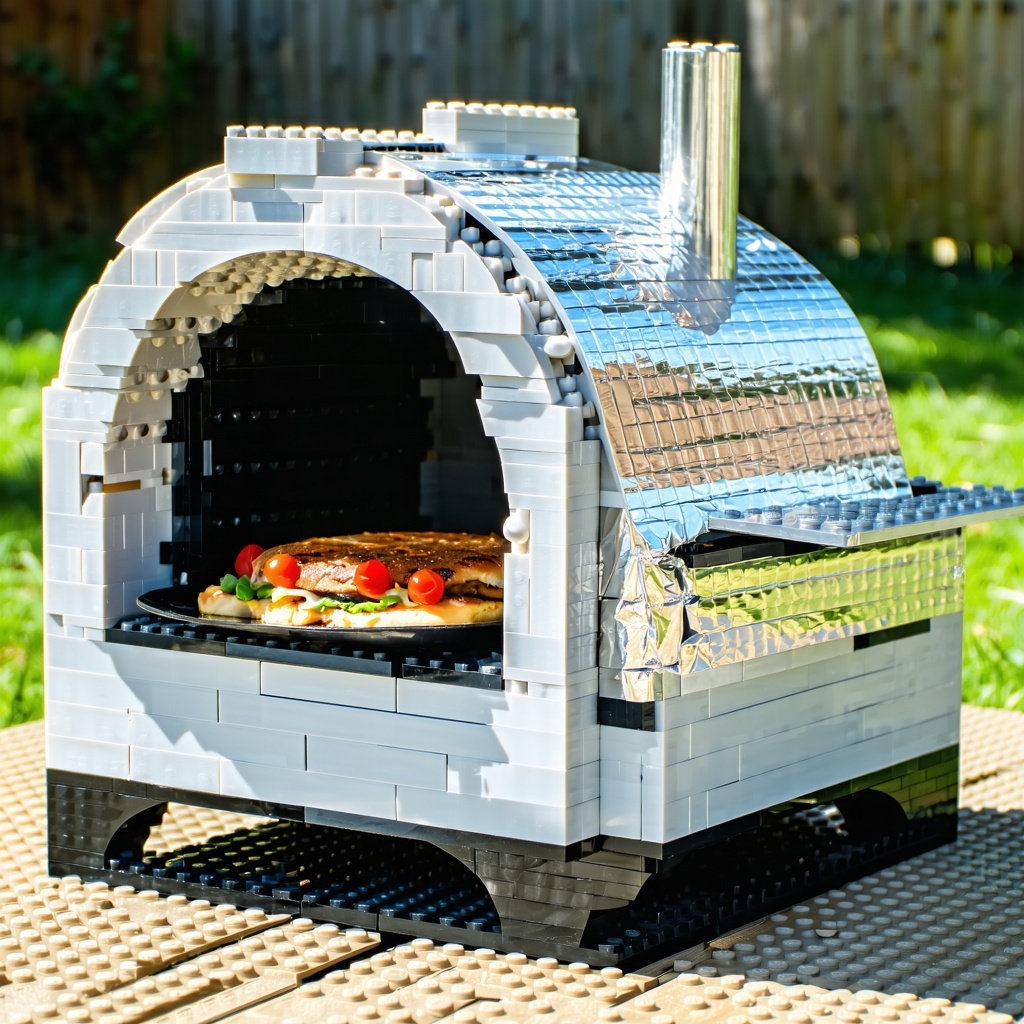 The solar oven crafted from LEGO is a creative and innovative construction that harnesses the suns energy for cooking Its design features a reflective surface such as aluminum foil or shiny paper strategically placed to focus sunlight into a cooking
