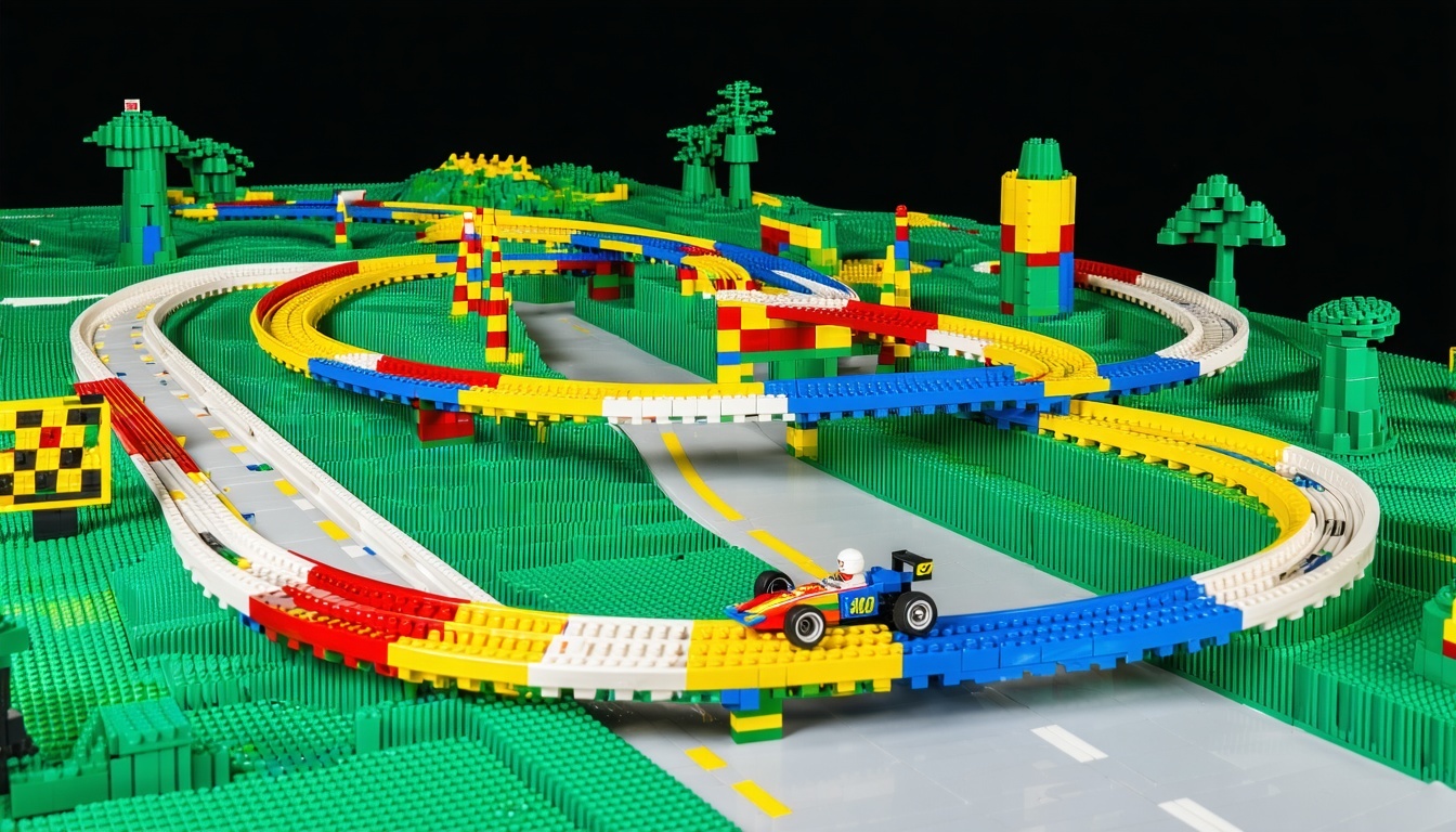 The track is intricately constructed from colorful LEGO bricks featuring a winding design that includes sharp turns gentle slopes and various obstacles The vibrant interlocking pieces create a sturdy foundation while a small meticulously designed LEG-3