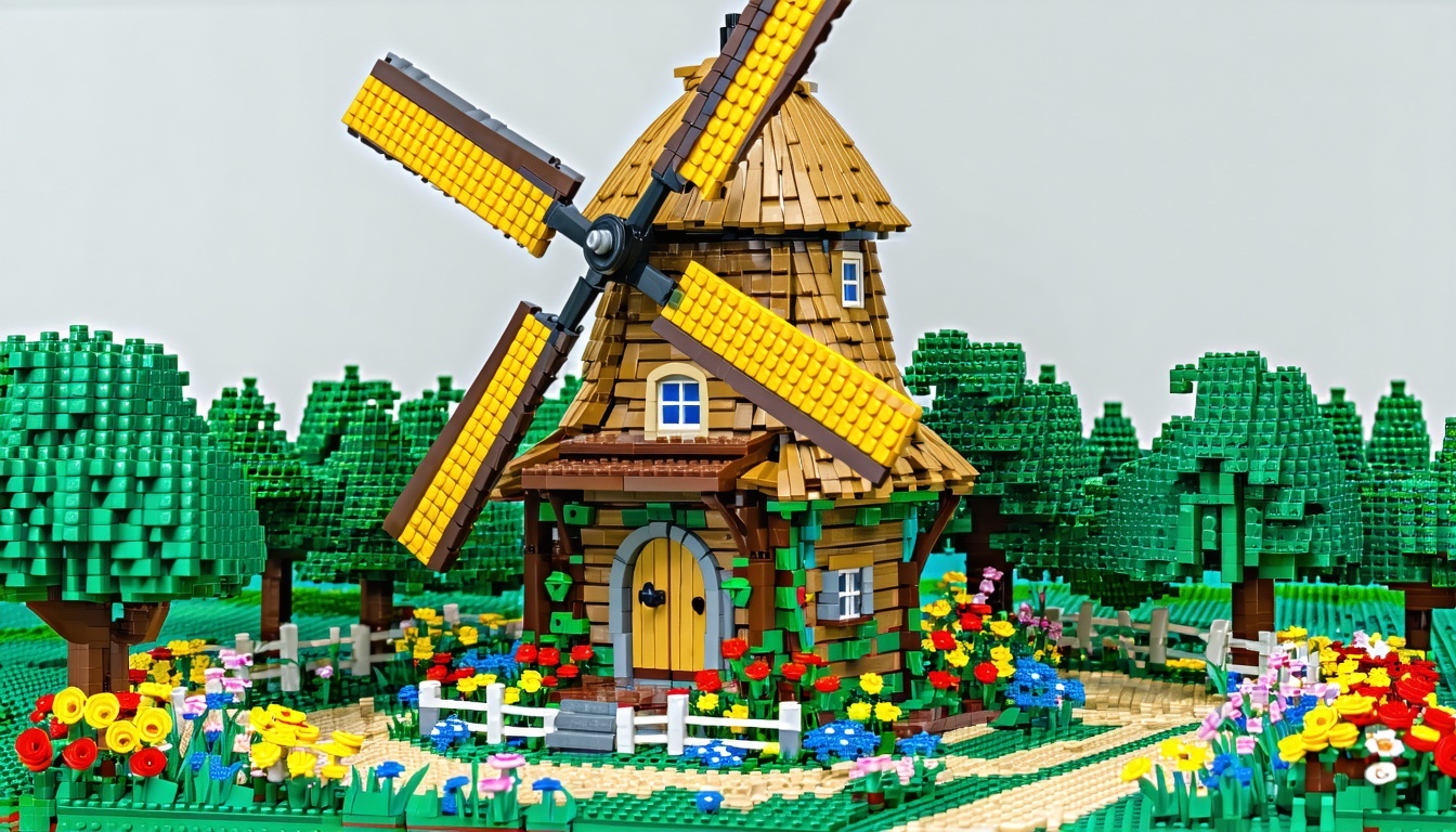 The windmill meticulously crafted from an array of colorful LEGO bricks stands tall with its intricate design showcasing a traditional thatched roof and towering wooden structure Each blade of the windmills rotor spins gracefully in the breeze made f